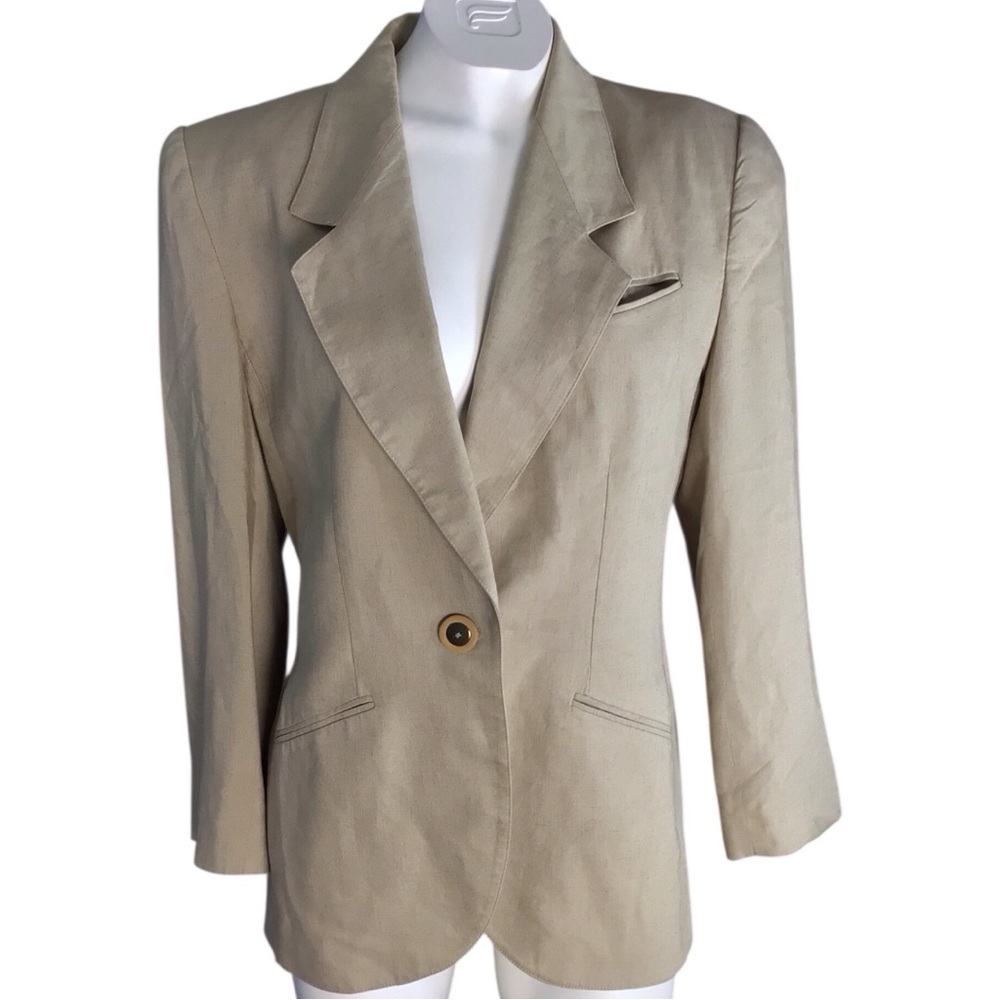 Kasper Tan Linen Blend Blazer with Notched Lapel Structured Shoulders size 10